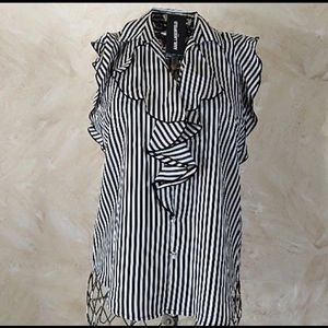 Karl Lagerfeld blk & white striped ruffled blouse.